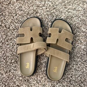 Tan Suede Slide Sandals